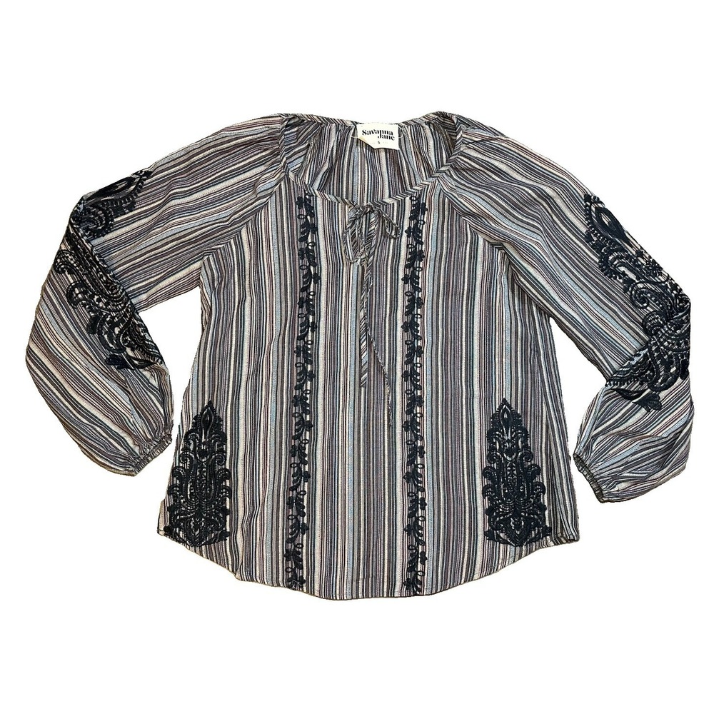 Savanna Jane SMALL Peasant Brown Striped Embroidered‎ Whimsigoth Boho Blouse